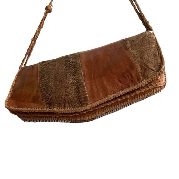 Vintage Handmade Brown Leather Snakeskin Shoulder Crossbody Clutch Purse Bag - Picture 13 of 14